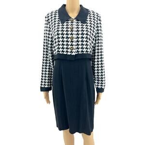 K Petite (14P) American VINTAGE 80s Black Country Club Chic Houndstooth Dress